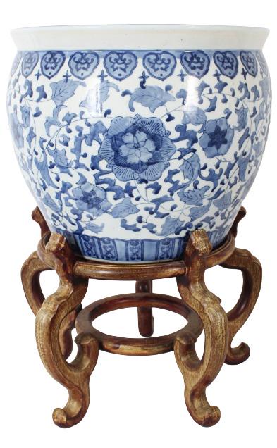 Chinese Blue & White Fish Bowl on Stand: Chinese Blue & White Fish Bowl on Stand. Intricate floral design and auspicious symbols. Appears to be unmarked.Size: 24 1/2 x 18 in.