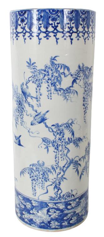 Chinese Blue & White Porcelain Umbrella Stand: Chinese Blue & White Porcelain Umbrella Stand, Draping leafy design and auspicious symbols. Appears to be unmarked. Size: 8 1/2 x 22 1/4 in.