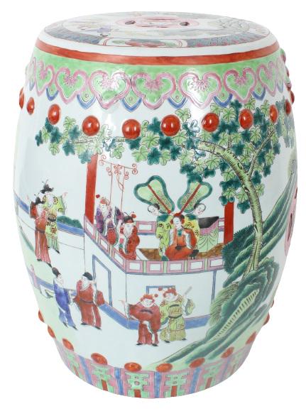 Chinese Panoramic Porcelain Garden Stool: Chinese Panoramic Porcelain Garden Stool with figural landscape scenes. Size: 11 x 11 x 14 1/2 in.