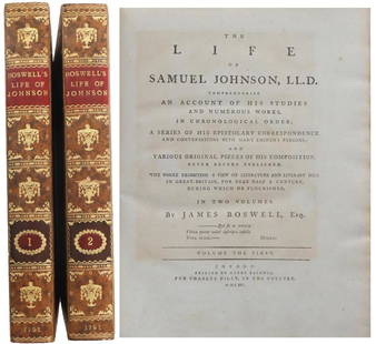 Boswell, The Life of Samuel Johnson 1st Ed 1791: This is a two-volume set of The Life of Samuel Johnson, written by James Boswell and published in 1791, and it is a first edition in the first state. The title page reads The Life Of Samuel Johnson, L