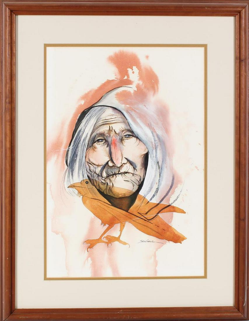 Bert Seabourn (b. 1931) American, Watercolor: Bert Seabourn (b. 1931) American, Watercolor. Depicting a Native American woman elder and a raven. Signed Seabourn in the lower right. Bert Seabourn is primarily a painter of Indian subjects. He is an