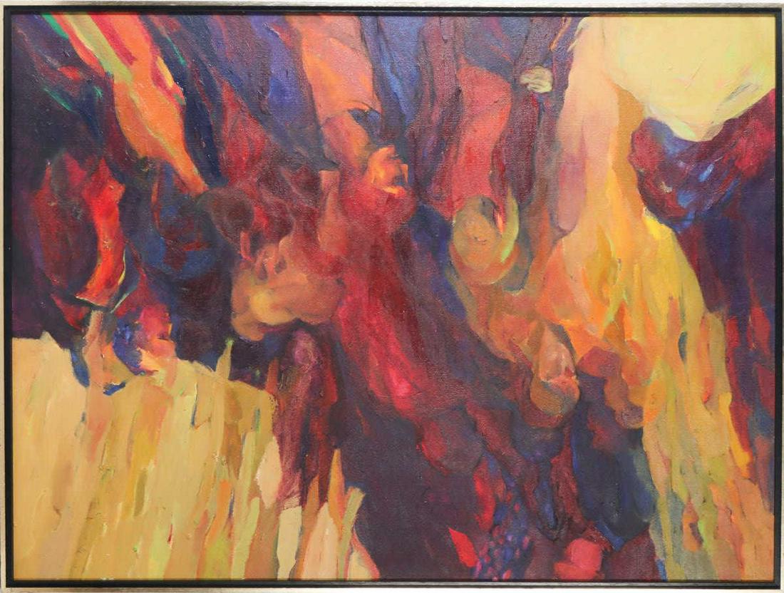 Attrib to Jessica Rice (1941-2016), Oil on Canvas: Modernist Figural oil on canvas. Jessica Rice was born in Antwerp, Belgium, for centuries the traditional center of Flemish Masters. Jessica's first oils were painted in Central Africa, where as a you