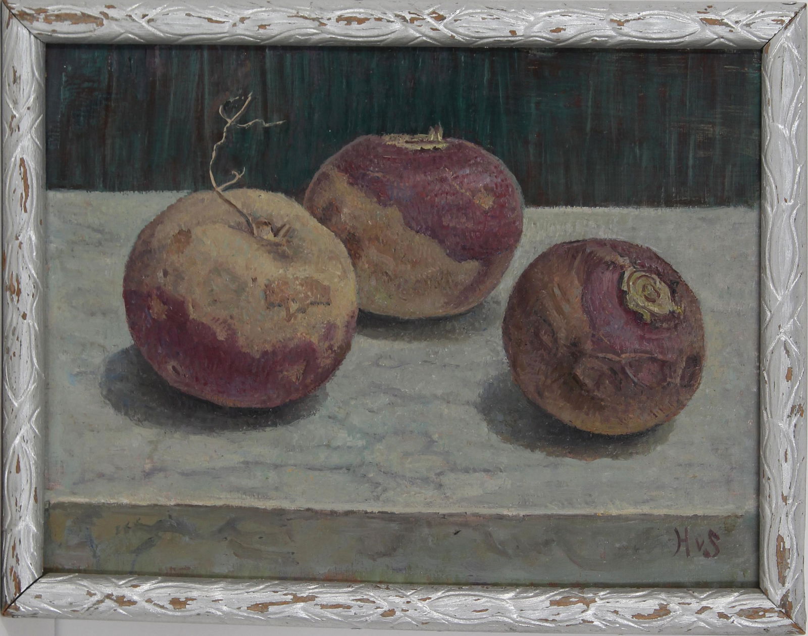 1951 Still Life with Turnips, Signed Oil/Board: Titled 'Turnips', still life of three turnips sitting on a table, signed lower right with initials: HvS. Oil on Masonite, titled and dated on reverse. Wood frame has a gilt silver finish, somewhat wor