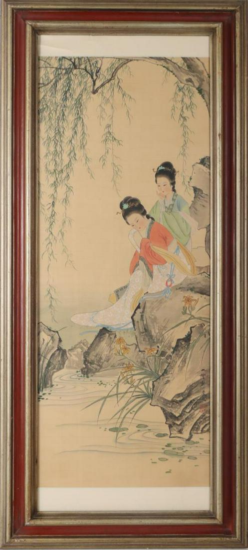 Scroll Painting Japanese Watercolor on Silk: Scroll Painting Japanese Watercolor on Silk of two young ladies sitting by a stream. Signed and marked with seal. Overall size: 43 1/2 x 20 in. Sight size: 34 x 13 1/2 in.