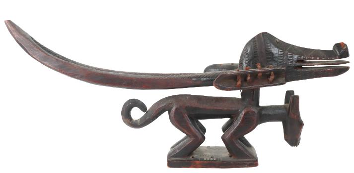 African Bambara Tribe Carved Ritual Headdress: African Carved Ritual Headdress (Chi Wara) Antelope Headdress, Bambara Tribe, Mali. Size: 21 x 3 x 9 in.