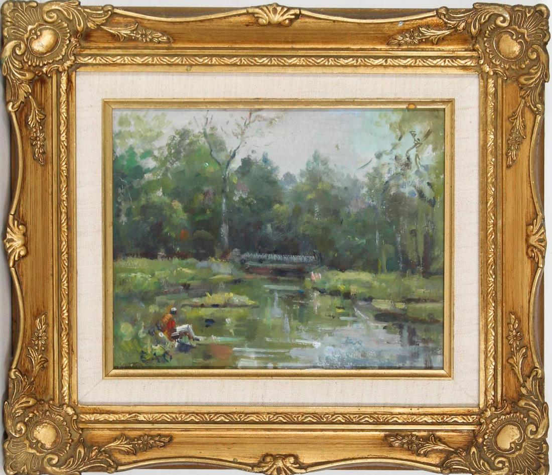 Impressionist Figural Landscape, Oil on Board: Small, serene landscape of a figure sitting on the banks of a pond, with a footbridge in the distance. Oil on Masonite, appears to be unsigned. Overall size: 13 1/2 x 15 1/2 in. Sight size: 7 1/2 x 9