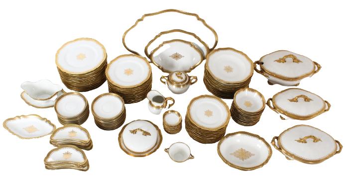 L Bernardaud Limoges Set of Vintage China, 120 Pcs: 120 Pieces of Vintage China, with gold trim, marked on bottom L Bernardaud & Co Limoges, D & C France. Decorated with gold detailing on a white ground. Size of largest platter: 18 3/4 x 13 1/2 x 1 1/2