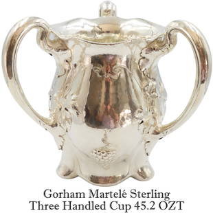 Gorham Martele Sterling Three Handled Cup 45.2 ozt: Gorham Martele Sterling Three Handled Cup 45.2 ozt. Produced in Providence, Rhode Island. Likely made by the hand of Henry H Barker and finished/chased by Robert Bain. Martelé is a limited