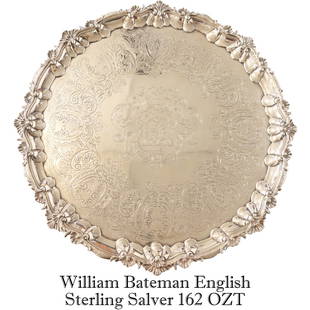 William Bateman English Sterling Salver 162 ozt: Monumental William Bateman English Sterling Salver 162 oztSize: 24 1/2 x 24 1/4 x 2 1/2 in.Circa 1820Engraved with Wyndam Family crest1352