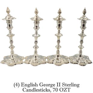 (4) English George II Sterling Candlesticks, 70ozt: English George II 1756, Set of Four Candlesticks.Weight: Approx 70 oztSize: 5 1/4 x 5 1/4 x 11 1/4 in.