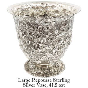 Large Repousse Sterling Silver Vase, 41.5 ozt