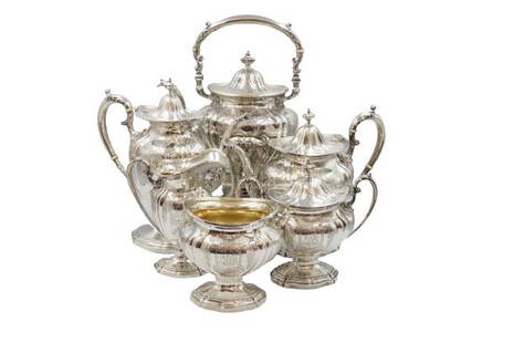 6 Piece Tea Set on stand Durgin Sterling 198 OZT: Sizes: 10 x 7 x 11 1/2 in.10 x 4 1/2 x 10 in. 11 x 5 x 9 in. 8 x 4 1/4 x 7 in. 6 Piece Tea Set on stand Durgin American Steling weight?6 x 3 1/2 x 7 in.5 1/2 x 4 x 5 in.1280