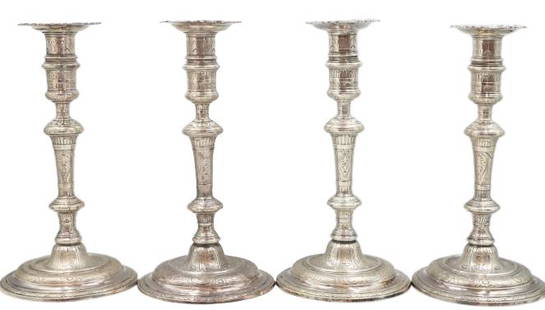 (4) Early English Sterling Candlesticks, 96 ozt: (4) Early English Sterling Candlesticks, 96 ozt. Weight: 96.12 oztSize: 5 1/2 x 5 1/2 x 10 1/4 in.