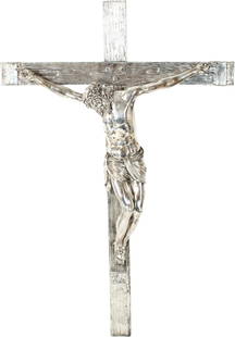 Large Sterling Silver Crucifix, 39 OZT: Large Sterling Crucifix, Likely American 39 OZT. hollow interior.Approximately 39 OZT.Size: 24 x 15 1/2 x 4 in.