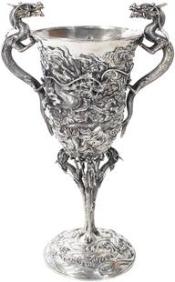 Lg Intricate Dragon Silver Japanese Goblet 53 OZT: Arthurt & Bond Yokohama Sterling Goblet w intricate detailing of dragons. Marked on the underside. Approximately 53.5 OZT.Size: 11 1/2 x 7 x 17 3/4 in.