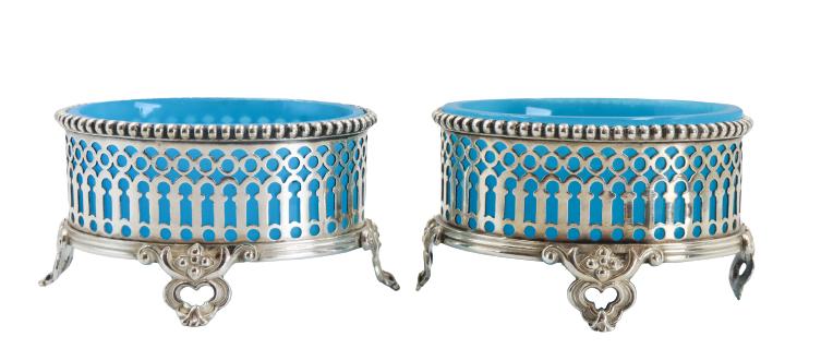 Pair English Sliver Opaline Inserts Salt Cellar: Pair English Sliver Opaline Inserts Salt CellarSilver/glass reticulated open saltsize: 3 3/4 x 3 x 3 in.