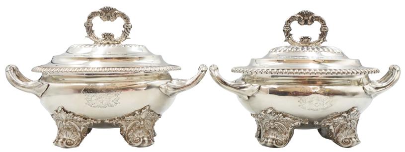 (2) Paul Storr English Sterling Covered Tureens, 57 ozt: Museum quality Paul Storr Sterling Silver Covered Tureens, English circa 1788. Paul Storr is considered the finest silversmith working in England during the Regency period. His large scale pieces, man