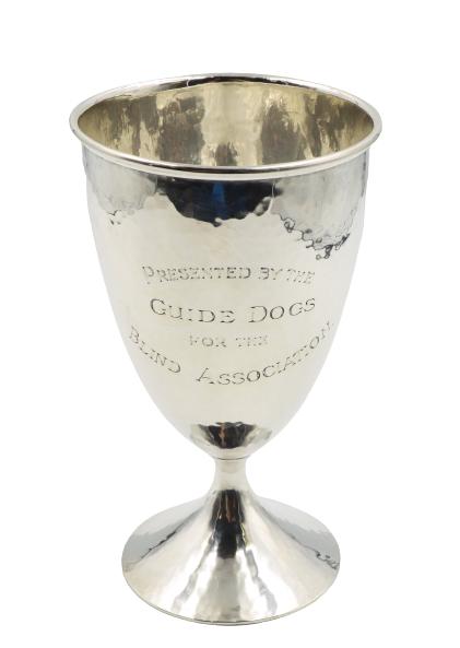 English Sterling Silver Chalice 11 ozt: English Sterling Silver Chalice 11 ozt. Marked HHPMonogrammed. Presented by Guide Dogs for the Blind Association. Size: 4 x 4 x 7 in.