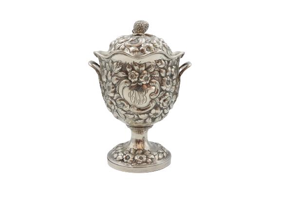 2 Piece American Repousse Sterling 24 ozt: American Repousse Sterling CoveredApprox 24.4 Maker James Arminger Monogrammed Size: 6 1/2 x 6 1/2 x 8 1/2 in.1255