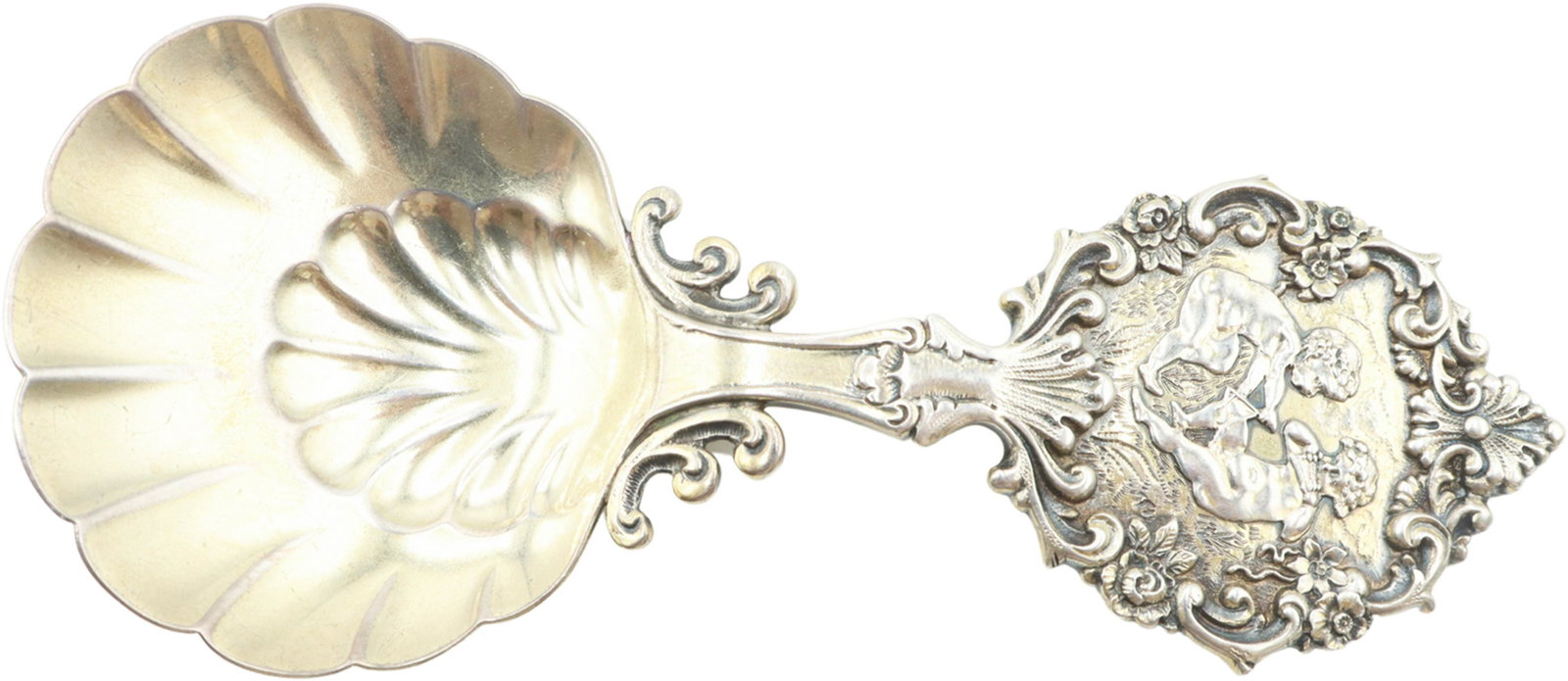 American Tiffany&Co Sterling Tea Caddy Spoon 1.9oz: American Tiffany & Co Sterling Tea Caddy Spoon 1.9ozDated 1681-1781Two Cherubs Playing Musical Instruments on HandleClam Shell BowlSize: 5 3/4 x 2 1/4 in. 2009