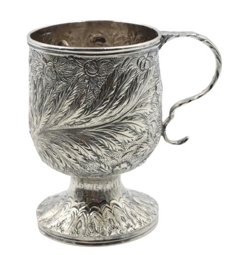 Sterling Silver Repousse Drinking Cup 4.8 ozt: Sterling Silver Repousse Drinking Cup 4.8 oztEngraved to: charles micklitte juleeSize: 3 3/4 x 2 1/2 x 4 in.