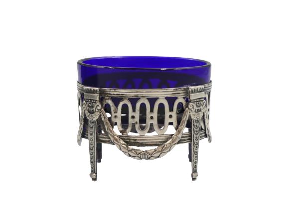 Reticulated Silver Salt Cellar w Cobalt Liner: Reticulated Silver Salt Cellar w Cobalt LinerSize: 3 1/2 x 2 x 2 1/2 in.1305