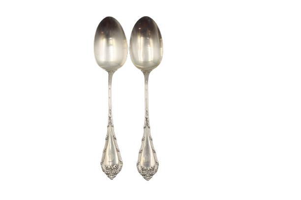 Pair Daniel Lowe Sterling Serving Spoons 4 ozt: Pair Daniel Lowe Sterling Silver Spoons 4 oztSalem MA 1907MonogrammedSize: 8 1/4 x 1 3/4 in. #1549