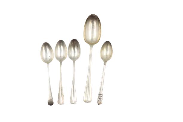 (5) Sterling Silver Spoons, 6.84 OZT: (5) Sterling Silver Spoons. Various sizes and makers. One is Hodgson Kennard & Co, one is Royal Danish, two are Shreve Crump & Low. Markings shown in images. Weight: 6.84 OZT. Size: 8 x 1 3/4 in. #156
