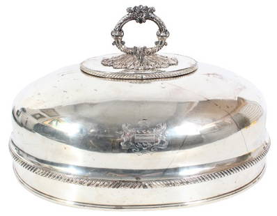 Monumental Silver Plated "Crested" Food Dome 19thC: Accompanied by an early 19th C silver on copper food dome with the identical crest / coat of arms to match the previous tray. Hand hammered, with original warm patina. Size: 20 x 14 1/2 x 12 in.