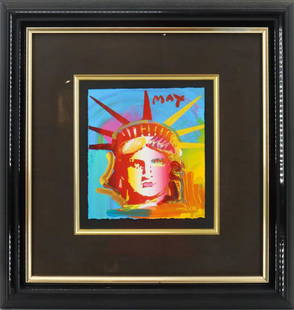 Peter Max (B. 1937) American, Acrylic/Paper: Peter Max German-American Acrylic/Paper Titled "Liberty Head" Signed in upper right.Very colorful painting of the head of liberty. 1993 Acrylic painting on BFK Rives paper on canvas. Signed in