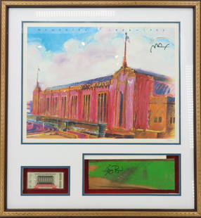 Peter Max, Boston Garden Framed Display: Boston Garden Framed DisplayLimited edition painting of Boston Garden signed by Peter Max. Memories 1928 - 1993 along the top. 490/500. Original Parquet floor signed by Larry Bird. Full ticket from