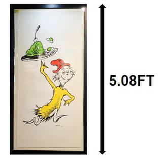 Monumental Dr. Seuss Serigraph "Green Eggs & Ham": Limited edition Dr. Seuss serigraph "Green Eggs & Ham". One of America's favorite images & stories, this very large framed cartoon image is backed by a Certificate of Authenticity from the Dr. Seuss