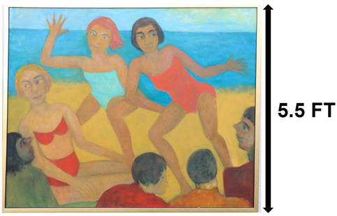 Large Contemporary Figural Beach Scene, Oil/Canvas: Colorful Figural Beach Scene, oil on canvas, appears to be unsigned. Painting of a scene with group of several people hanging out at the beach. Two girls in bathing suits are gesturing and posing in f