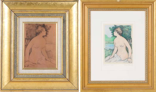 Pierre R Renoir, Copper Plate & Etching: Titled 'Nu Asis', female nude, signed in copper plate: P. Renoir (in reverse). Comes with COA. Overall size: 15 3/8 x 13 1/4 in. Sight size: 7 5/8 x 5 1/4 in. Titled 'Nu Asis', color etching of a