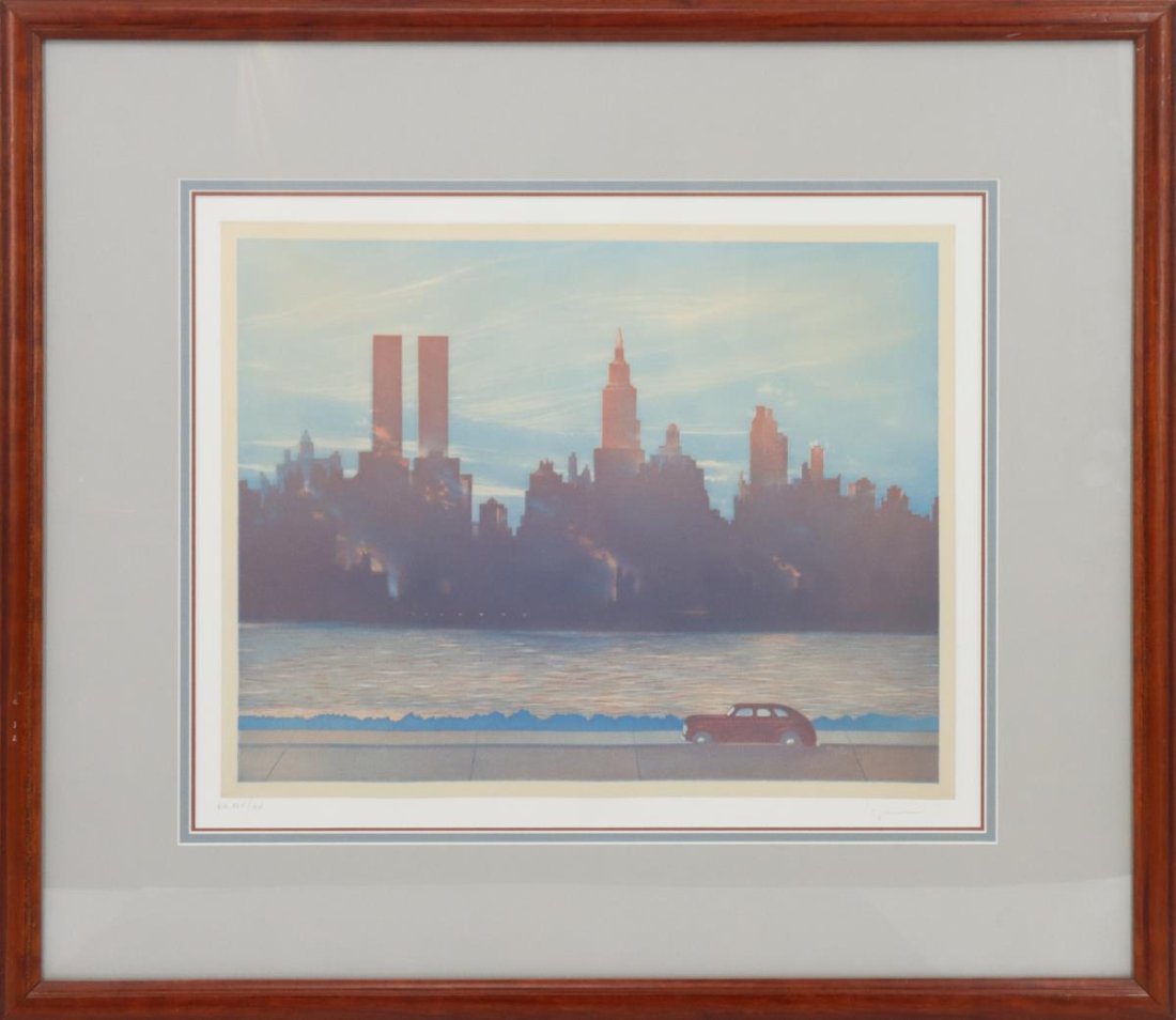 Philippe Lejeune (1924-2014) French, Silkscreen: Lejeune, Framed EA Titled "New York Skyline" Signed in lower right. Signed indistinctly in lower right. EA 14/15 in lower left. Vintage car driving along side water with New York buildings in backgrou