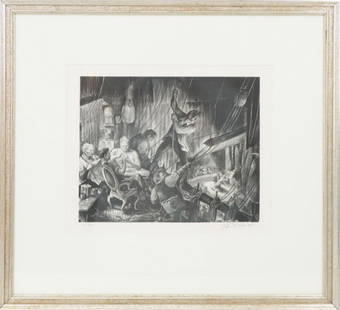 Don Freeman (1908-1978) American, Etching: Titled "On the Flyrail", black and white lithograph numbered 15/50, signed in the plate and pencil signed in the margin. Don Freeman was active/lived in New York, California, and is known for