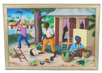 Evans Pierre Augustin (b 1953) Haitian, Oil: Evans Pierre Augustin (b 1953) Haitian. Rural village scene with figures working in the yard, oil, signed lower right.Evans Pierre Augustin attended Le Freresdu l'Instruction Chretienne and the