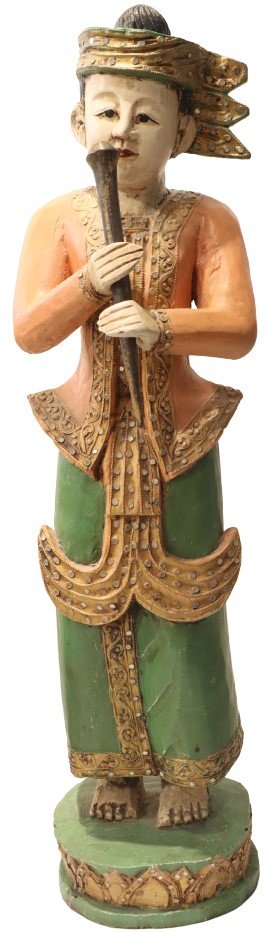 Siamese Painted and Parcel Gilt Figure of a Man: Siamese Painted and Parcel Gilt Wood Figure of a Man. Traditionally dressed, his skirt and jacket set with mirrored elements, on a stylized leaf carved circular base. Size: 8 3/4 x 12 x 36 in. #90