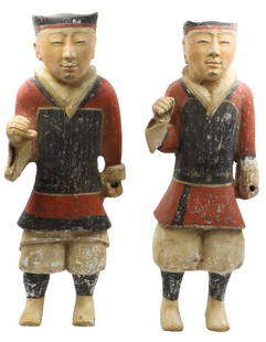 Important Pair of Polychrome Han Warriors: Important pair of rare polychrome Han warriors. Han Dynasty. Uniquely expressive faces and minimal paint loss commensurate with age. See photo of documented thermoluminescence from Daybreak