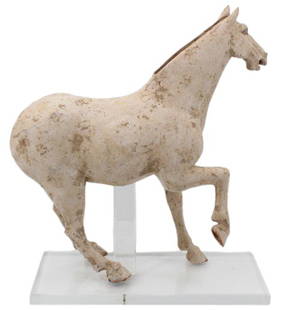 Authenticated Tang, White Pigment, Prancing Horse: Authenticated Tang Dynasty (A.D. 618-906) pottery prancing horse with white pigment on custom Lucite stand. Copy of the 1998 Thermoluminescence Analysis Report from Oxford Authentication Ltd. is in