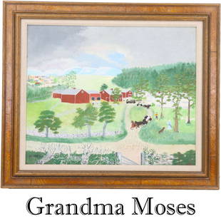 Anna M.R. Grandma Moses (1860-1961) Amer, O/B: Titled "Grandma Goes to The City", oil on Masonite, signed lower left. Framed and under plexiglass. Excellent Condition. Paper label verso with offset lithograph image of the artist, "Anna Mary