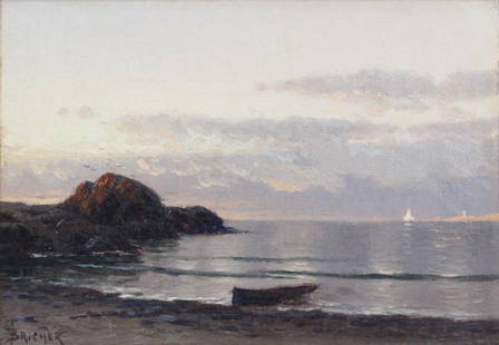 AT Bricher (1837-1908) American, Oil on Canvas: AT Bricher (1837-1908) American, Oil on Canvas "Sunset on the Bay" signed. Titled on gallery label verso. Provenance: Private Collection San Francisco.Born in Portsmouth, New Hampshire, Alfred