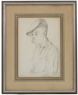 Bradford Perin (188-1963) American, Portrait: 20th C. Sketch of a Young Black Male, Pencil/Paper. Portrait of Jonne, graphite drawing on paper, detailed sketch of a young African-American male with a pensive look, wearing a cap and work shirt.