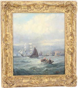 William Thornley (1857-1935) France, Oil on Canvas: William Thornley (1857-1935) France, Oil on canvas. Depicting a coastal harbor scene on a cloudy day with rough waves. A dinghy in the foreground with many ships in the background. Signed in the lower