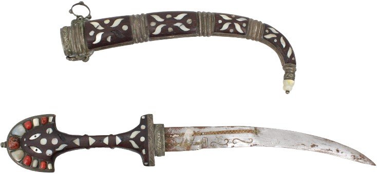 Antique Middle Eastern Dagger: Antique Middle Eastern Dagger. Inlaid Stone and Bone Throughout. Engraving on the Blade. Size: 16 1/2 x 4 1/2 x 3/4 #1588