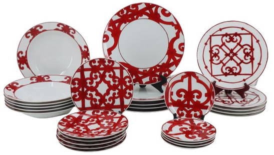 (27) Pc. Hermes " Balcon du Guadalquivir" Set: Hermes Balcon du Guadalquivir dinner service, hand-painted porcelain. Paris, France. One plate has a chip on the base, as well as a crack through the middle. Upon close examination the spot on the