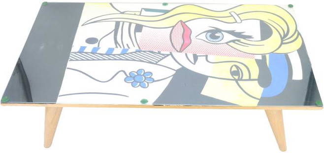 "Stepping Out" Roy Lichtenstein Coffee Table c1979: "Stepping Out" Roy Lichtenstein Exhibition Poster Coffee Table - Circa 1979. Provenance: Personal colection of Claire Carlevero, owner, Art Exchange Gallery, San Francisco. Size: 36 x 19 x 11 1/2 in.