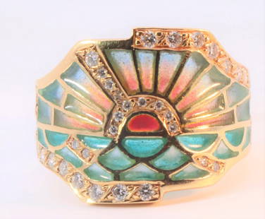 18K Enamel (Plique-a- jour) Diamond Ring: 18k. In good condition with minimal signs of wear. If you pay close attention, the ring is depicting a beautiful colorful sunrise. The ring features an Art Nouveau style, with a certificate of