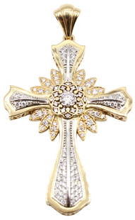 18K Yellow & White Gold Two Tone Cross Pendant 17g: 18K Yellow & White Gold Two Tone Cross Pendant. Yellow and white gold two tone pendant in the shape of a cross. Diamonds are lab grown. Main stone: .23 carat, VS2-VS1, F. Other stones: .99 carat,