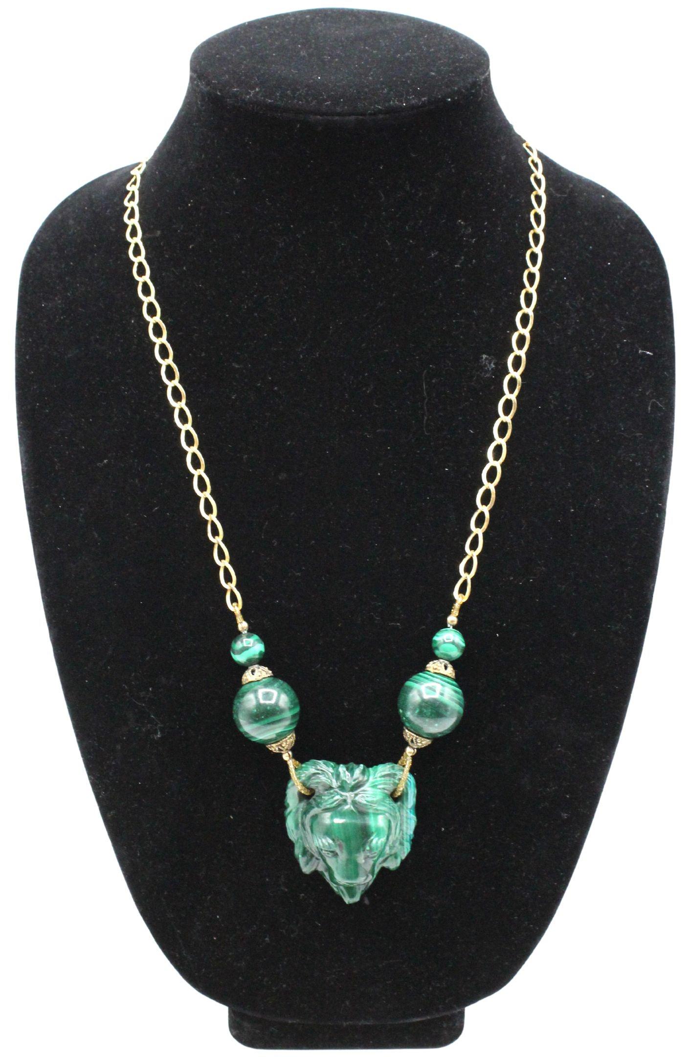 Gold Plated Malachite Lion Necklace: For the lion lover to wear! Size Whole Length: 24 1/2 in. Hanging Length: 13 1/4 in. Lion Size: 1 5/8 x 1 7/8 in. #2787